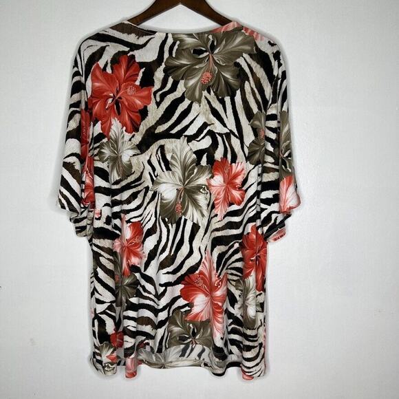 Susan Graver Women's Tunic Top 3X Zebra Floral Beaded Neckline Short Sleeve - Picture 9 of 11